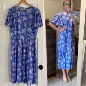 Vintage 90s Maggy Boutique Blue Floral Midi Shortsleeve Summer Dress VNTG Sz 12